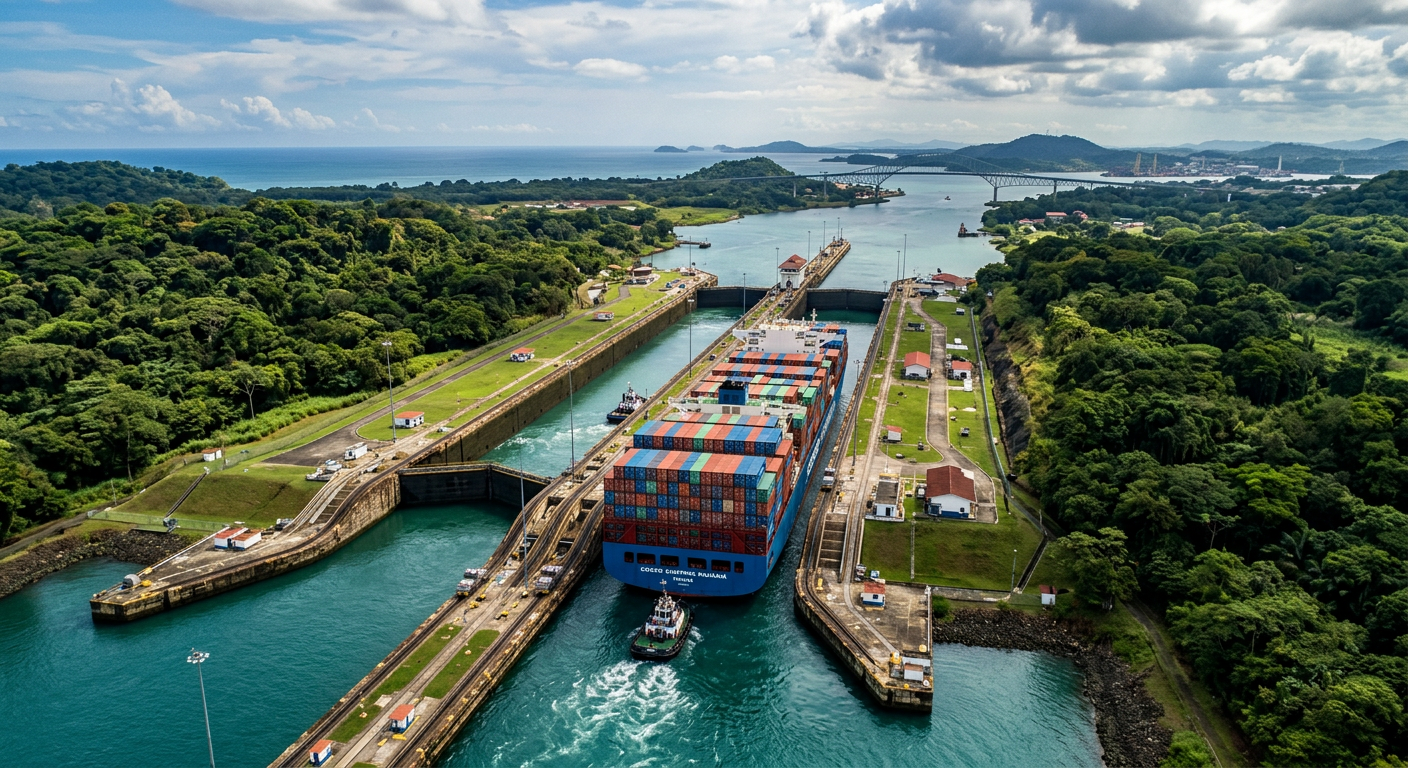 Map of the Panama Canal showing the lock system connecting the Atlantic and Pacific oceans