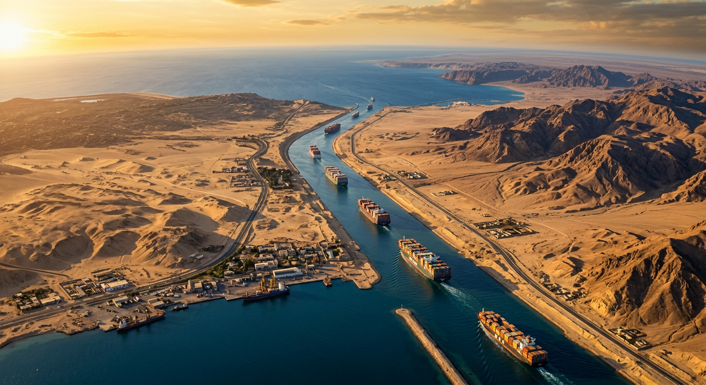 Satellite view of the Suez Canal, the narrow waterway through Egyptian desert where the Ever Given ran aground in March 2021, blocking all transit for six days
